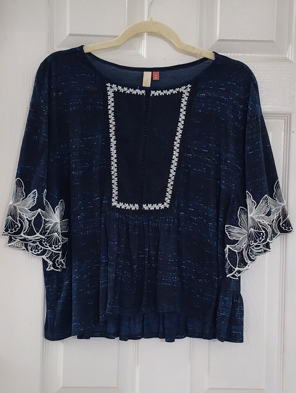 PILCRO Anthropologie Boho Embroidered Lace Bell Sleeve Blouse Top Navy Blue XS